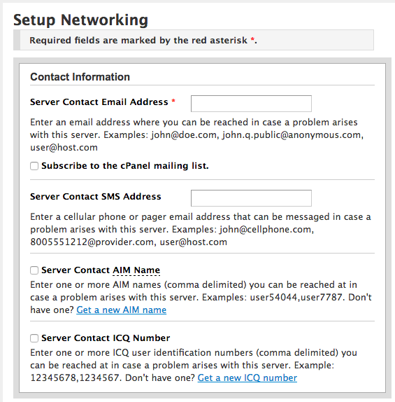 cPanel contact information entry. cPanel contact information entry.
