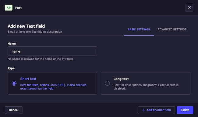 Strapi content builder, adding a field for the “Post” collection Strapi content builder, adding a field for the “Post” collection